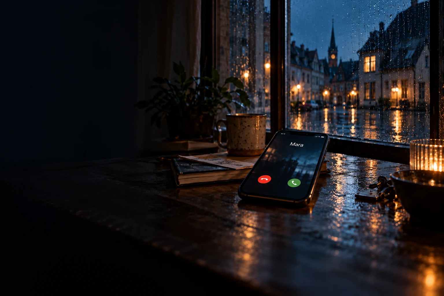 Ein Telefon auf einem Tisch vor einem regennassen Fenster. Draußen leuchtet die Altstadt im Abendlicht.