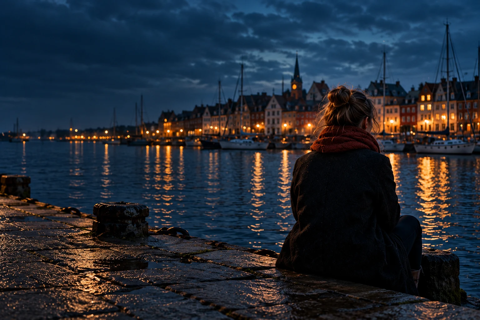 Eine Frau steht am Hafen einer kleinen Stadt. Auf der anderen Uferseite gehen die Lichter an.